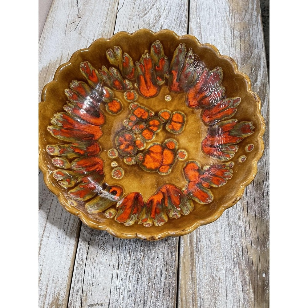 Vintage Large Bowl Centerpiece by Euro-Con Mold Brown Orange Red Mid Century Mod